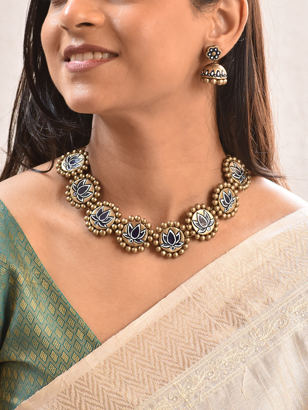 Terracotta Black Lotus Motif Beaded Choker Necklace