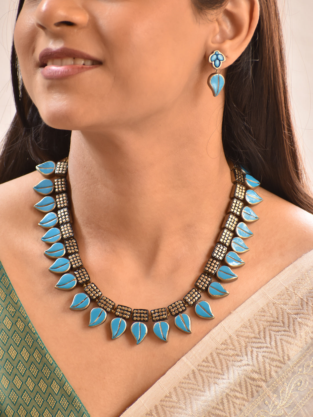 Terracotta Sky Blue Teardrop Motif Choker Necklace with Geometric Bead Detailing
