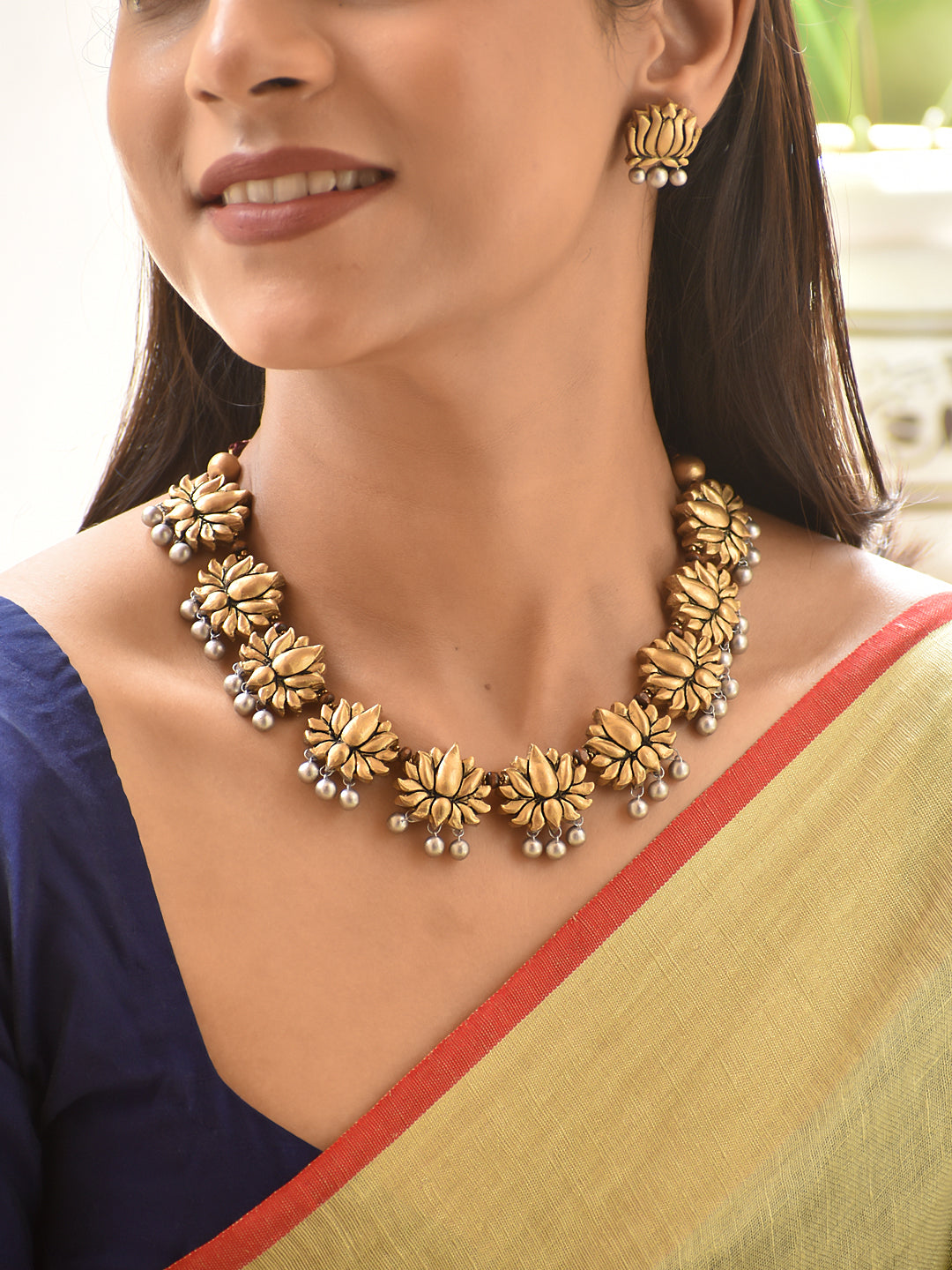 Vandana - reverence Lotus Pearl Antique Necklace Set