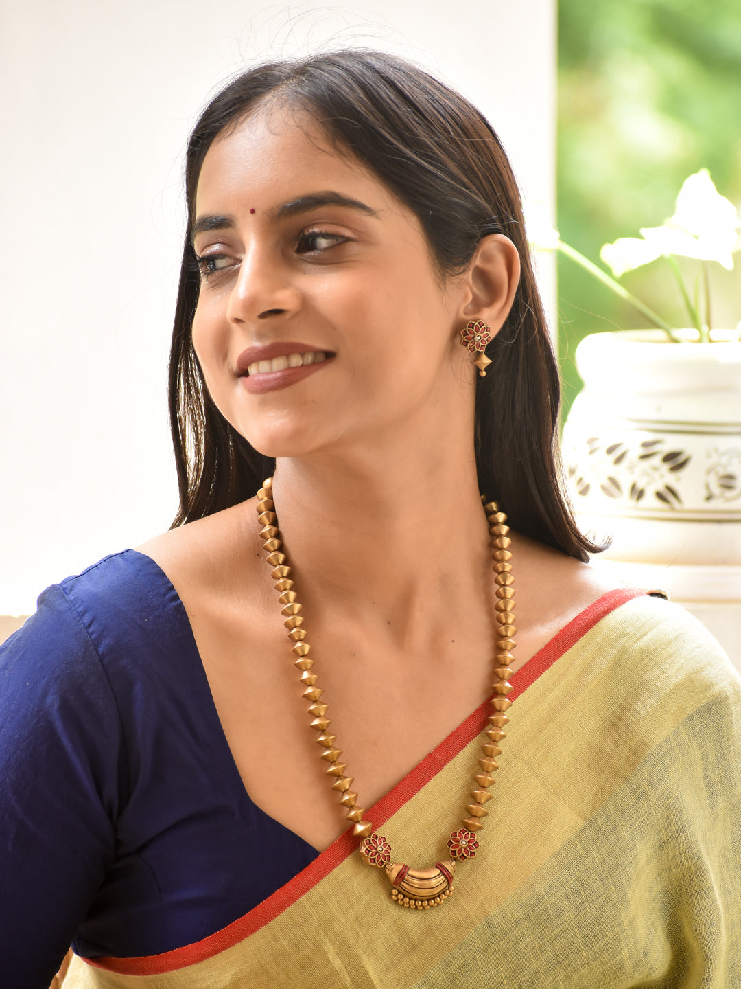 Kanaka - gold Antique Gold Lotus Pendant Handmade Terracotta Long Necklace Set