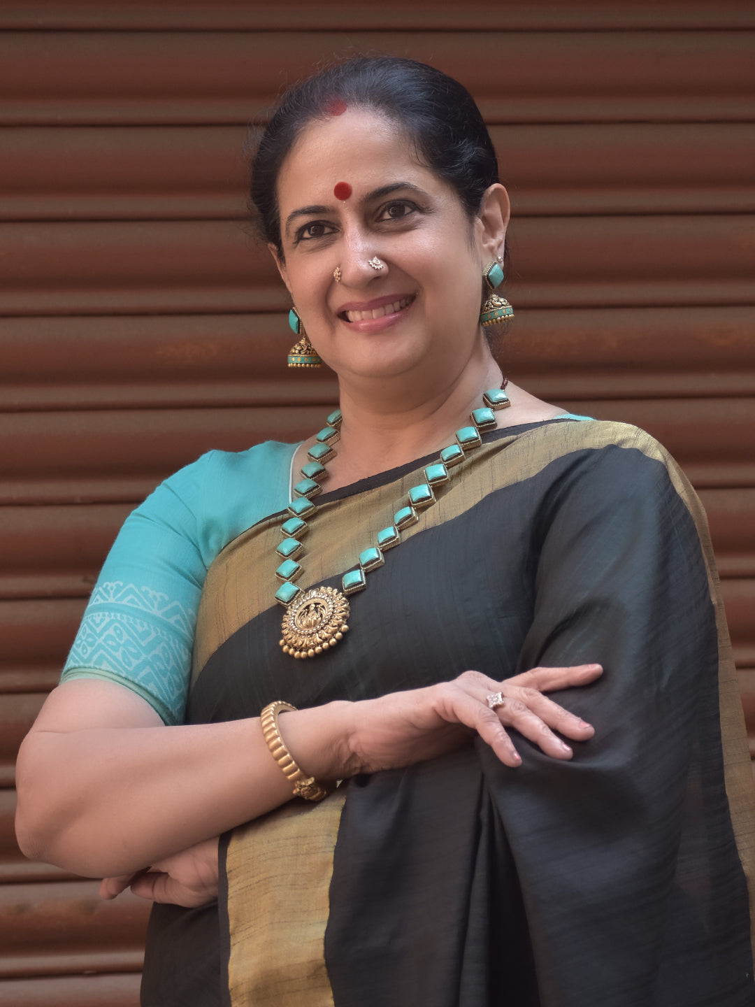 Neela Haram – Terracotta Turquoise Square-Bead Lakshmi Pendant Necklace Set