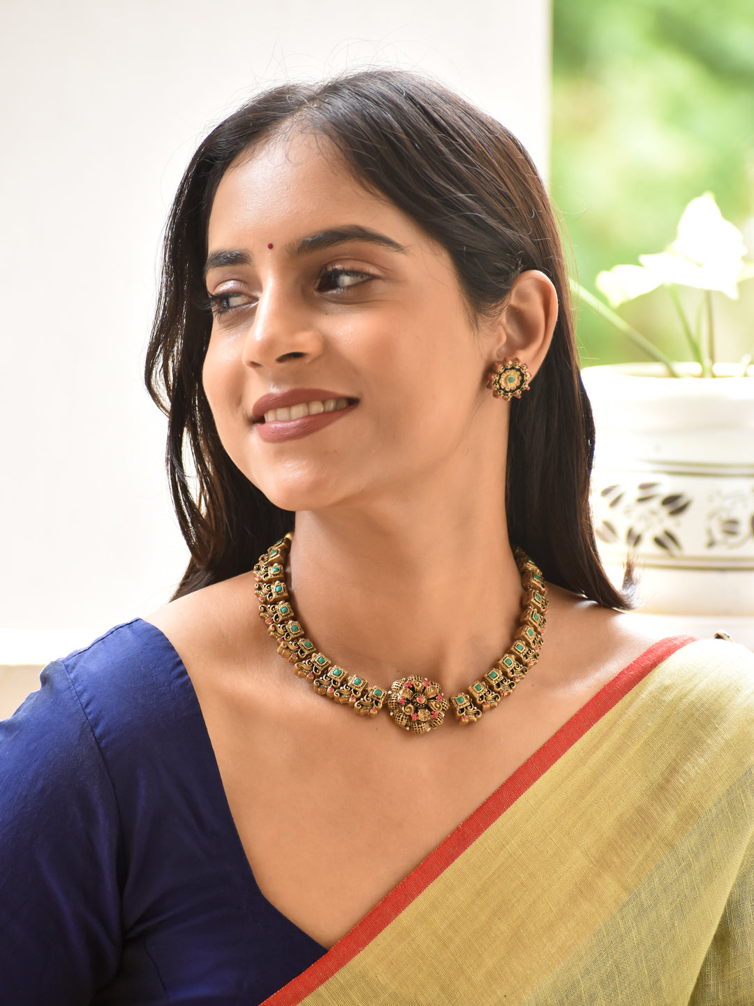 Nalini - lotus Emerald Floral Heritage Handmade Terracotta Choker Necklace Set