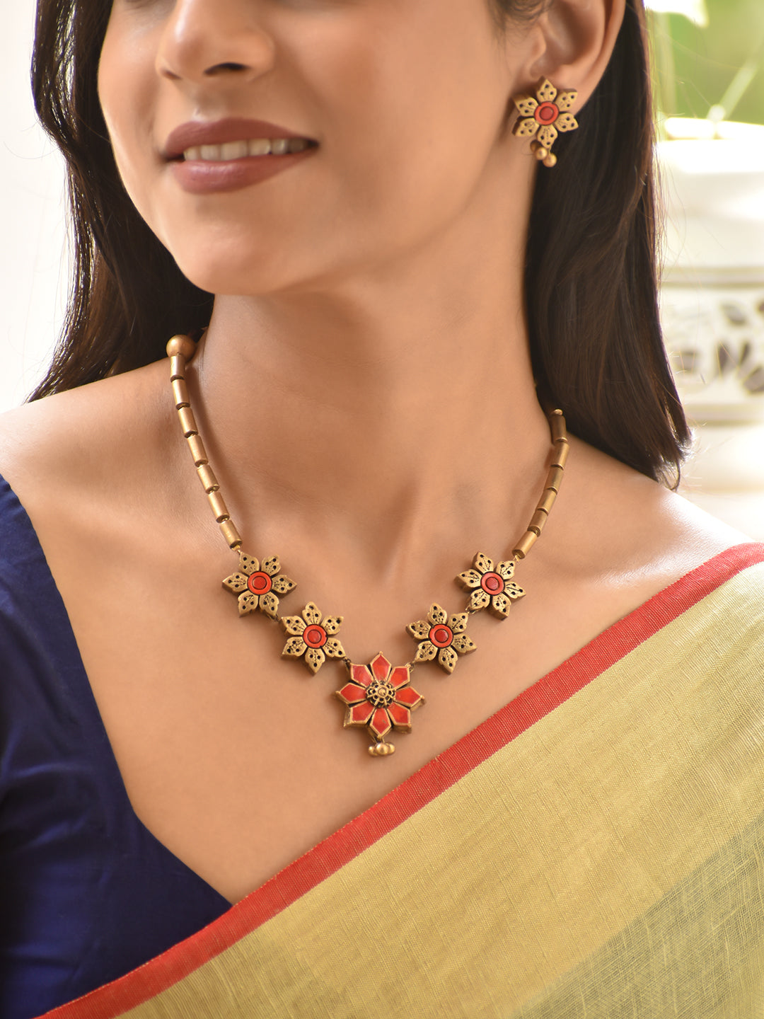 Coral Blossom Handmade Terracotta Necklace Set