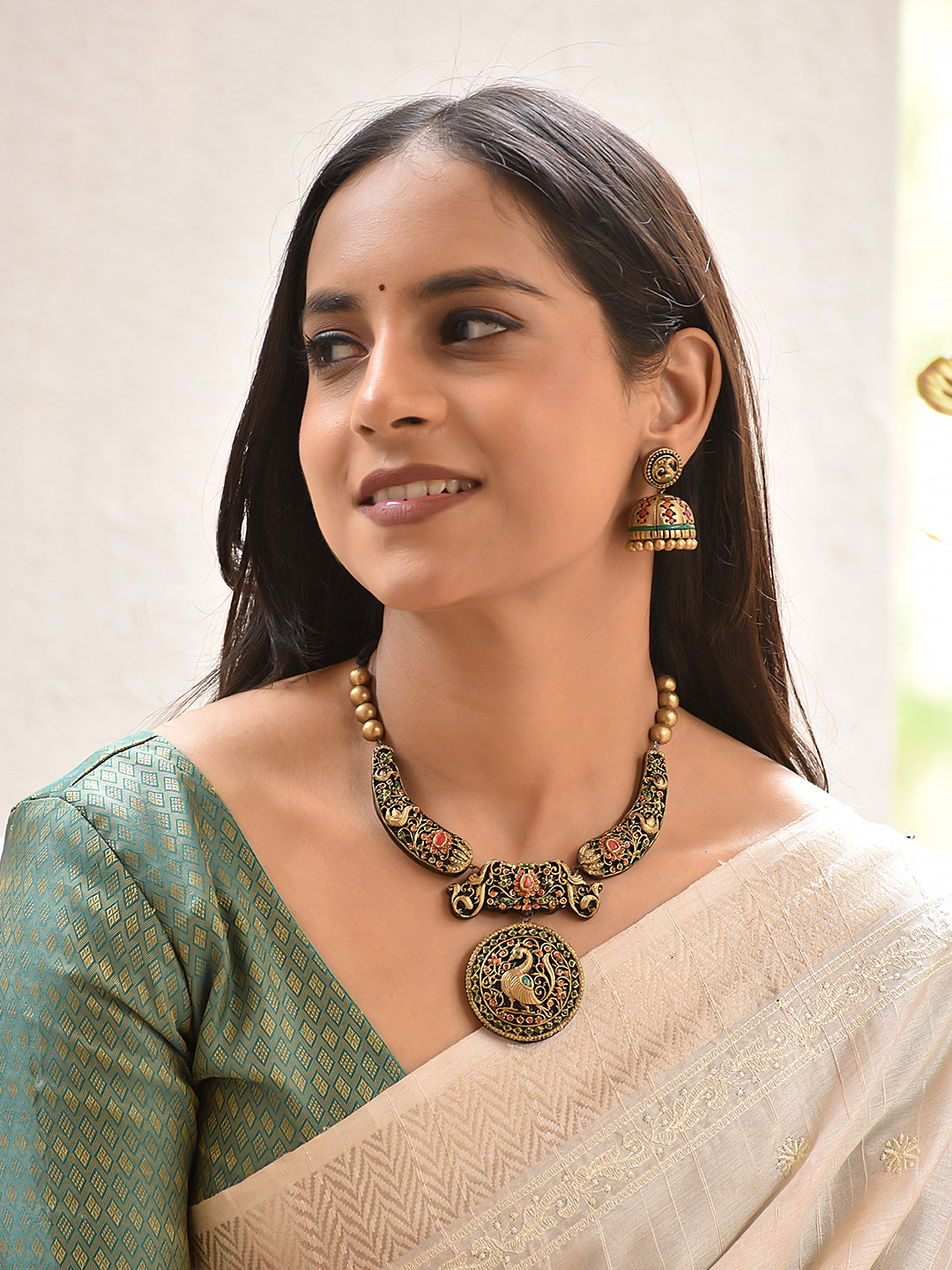 Neelamayuri — Hand-Painted Peacock Statement Necklace Set in Black & Antique Gold