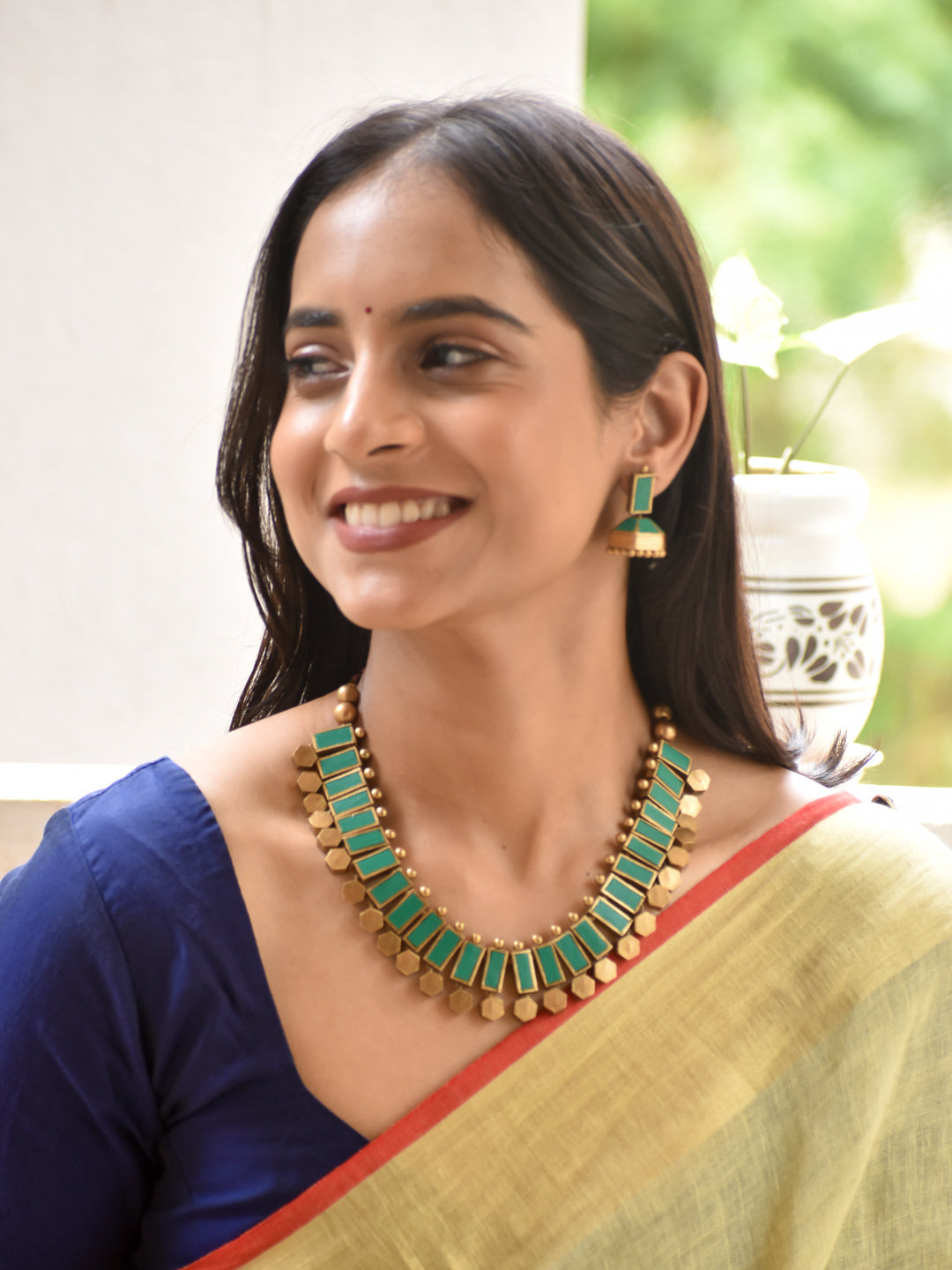 Sonal - golden Emerald Geometric Handmade Terracotta Statement Necklace Set