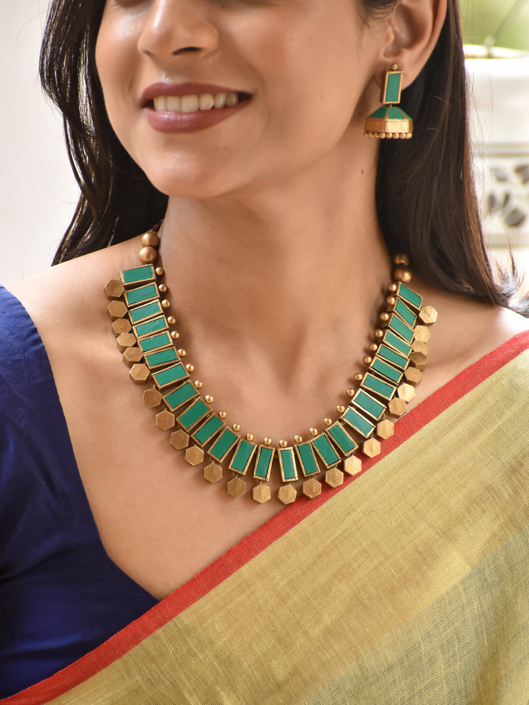 Sonal - golden Emerald Geometric Handmade Terracotta Statement Necklace Set