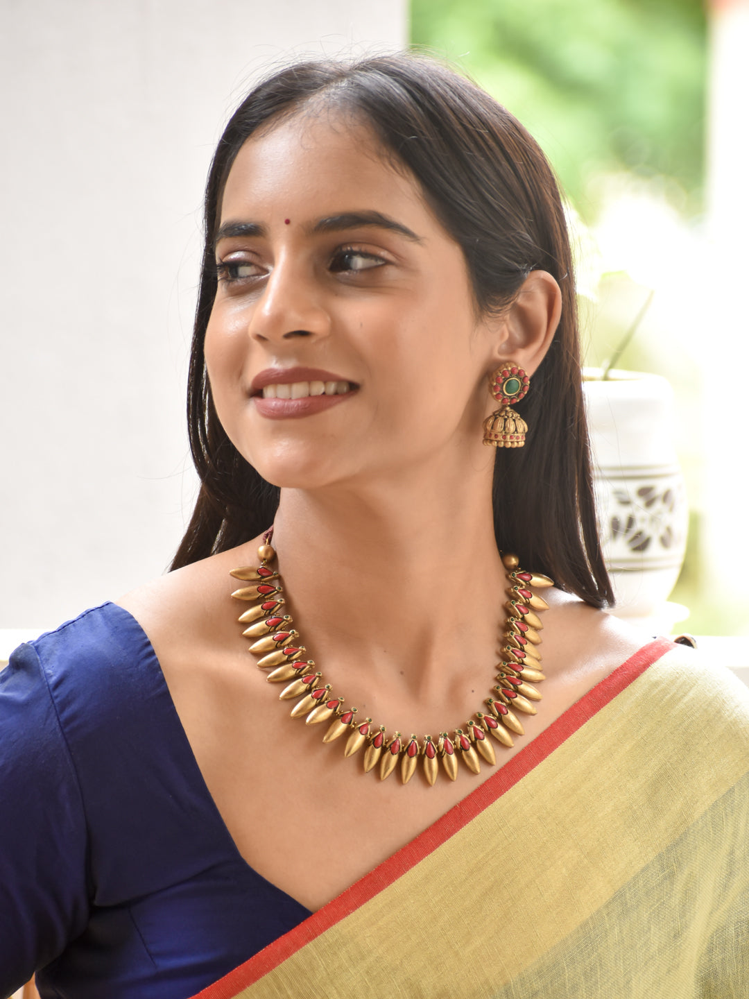 Niharika - dewdrop, galaxy Crimson Leaf Antique Statement Necklace Set
