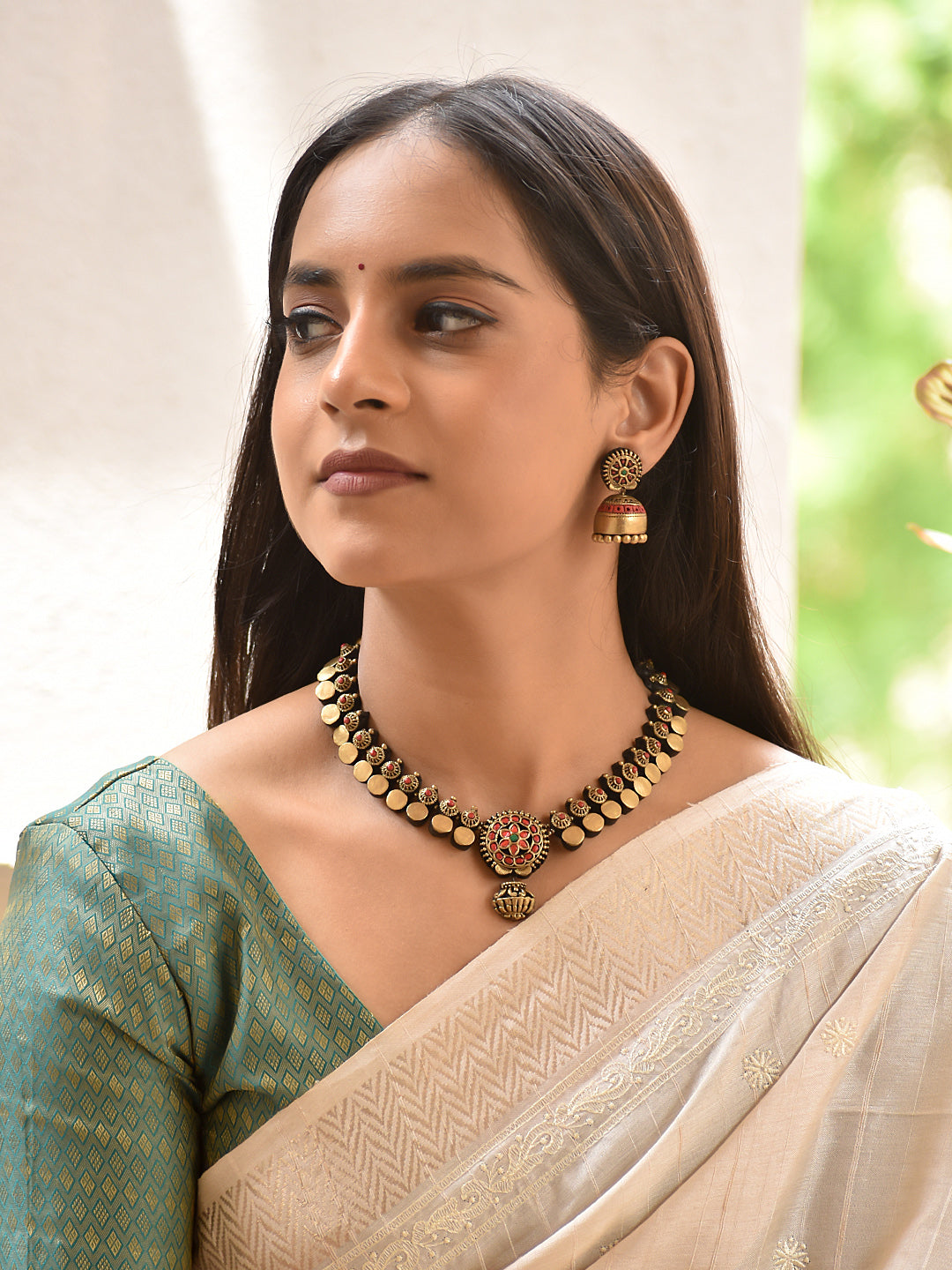 Nidhi — Gold Coin & Red Stone Short Necklace Set