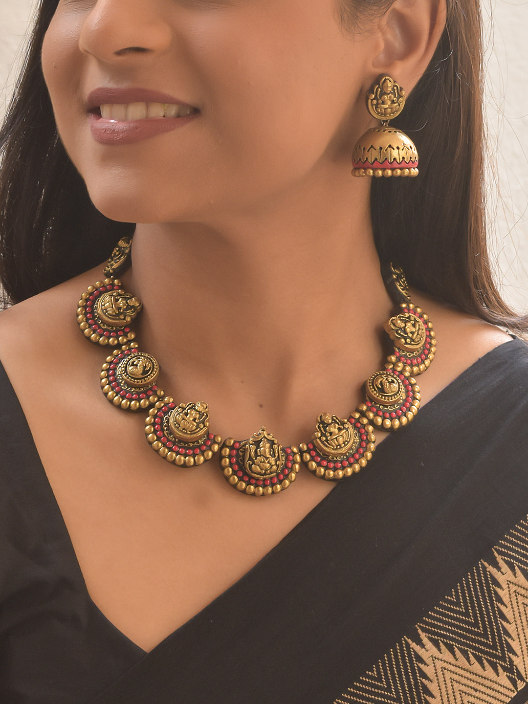 Handmade Terracotta Lakshmi Motif Necklace Set with Antique Gold Beads and Red Accents
