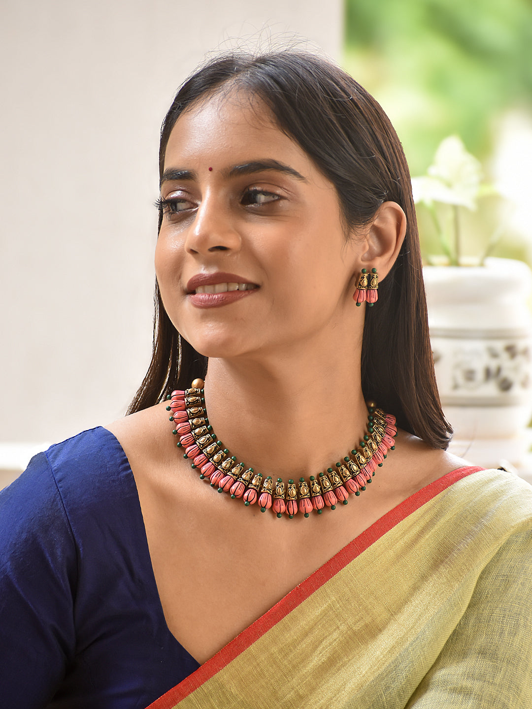 Kamakshi - temple goddess Blush Pink Antique Handmade Terracotta Choker Necklace Set