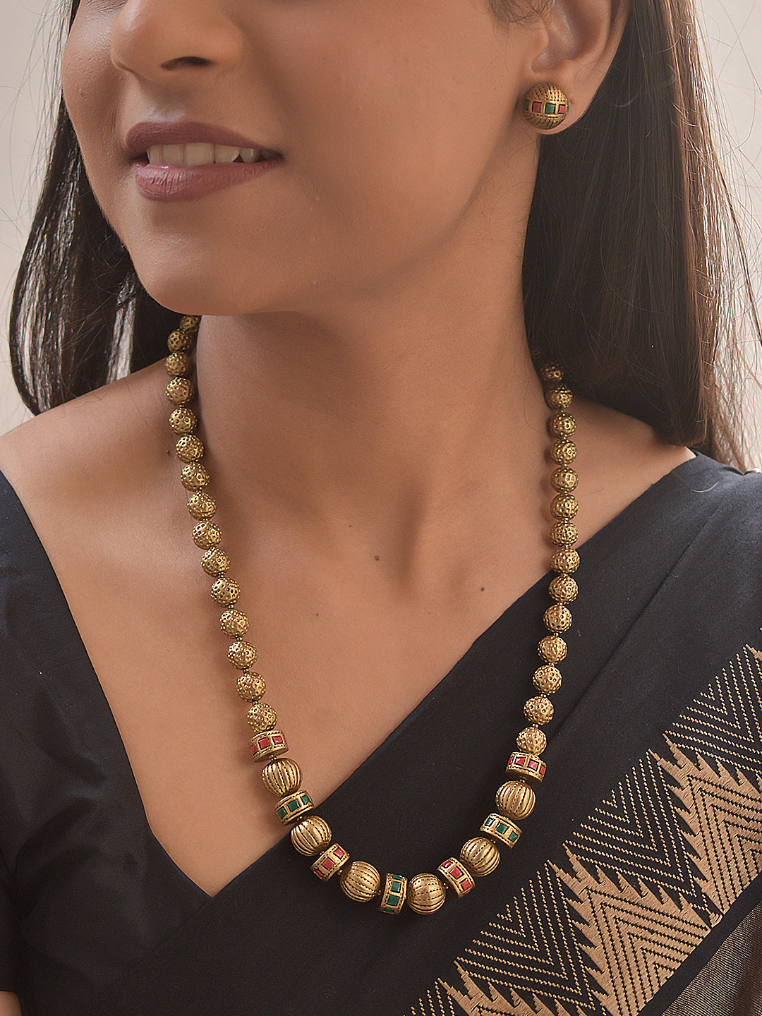 Pranitha – Terracotta Antique Gold Beaded Necklace Set with Red–Green Checkered Accents