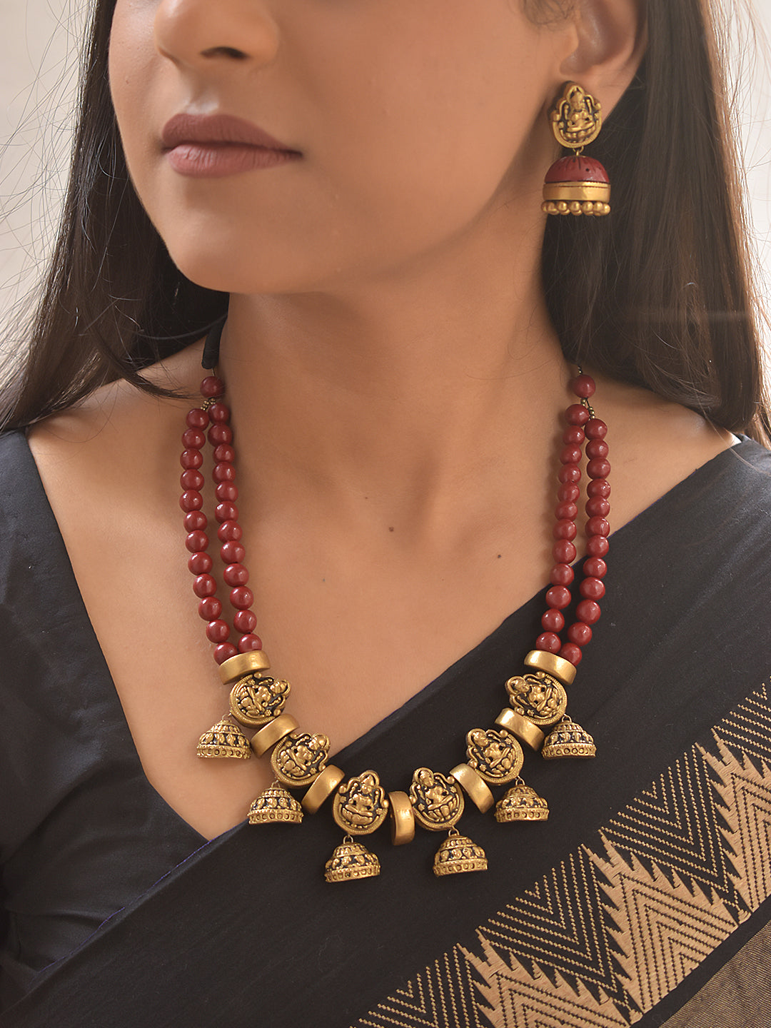 Mahika – Handmade Terracotta Lakshmi Necklace Set with Ruby Beads and Antique Gold Jhumka Earrings