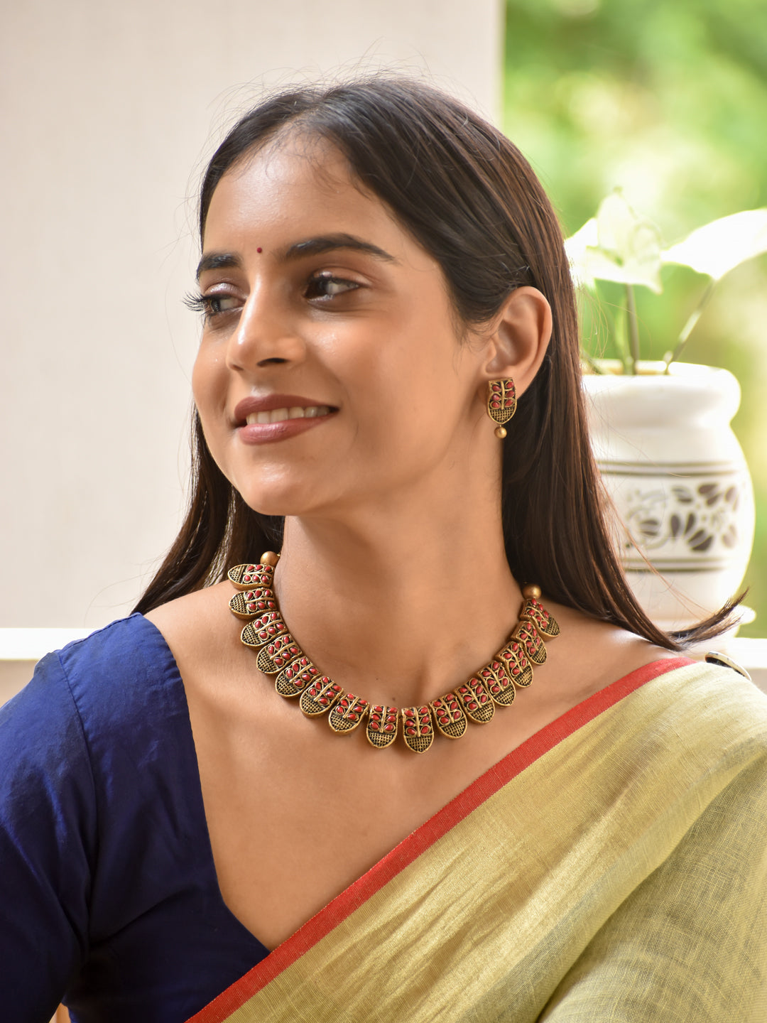 Bhargavi - goddess Lakshmi Antique Gold Ruby Leaf Handmade Terracotta Choker Necklace Set
