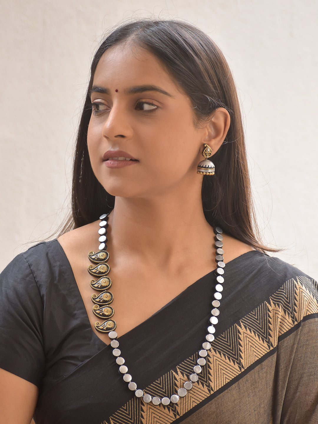 Terracotta Paisley Silver Color - Disc Necklace Set With Jhumkas