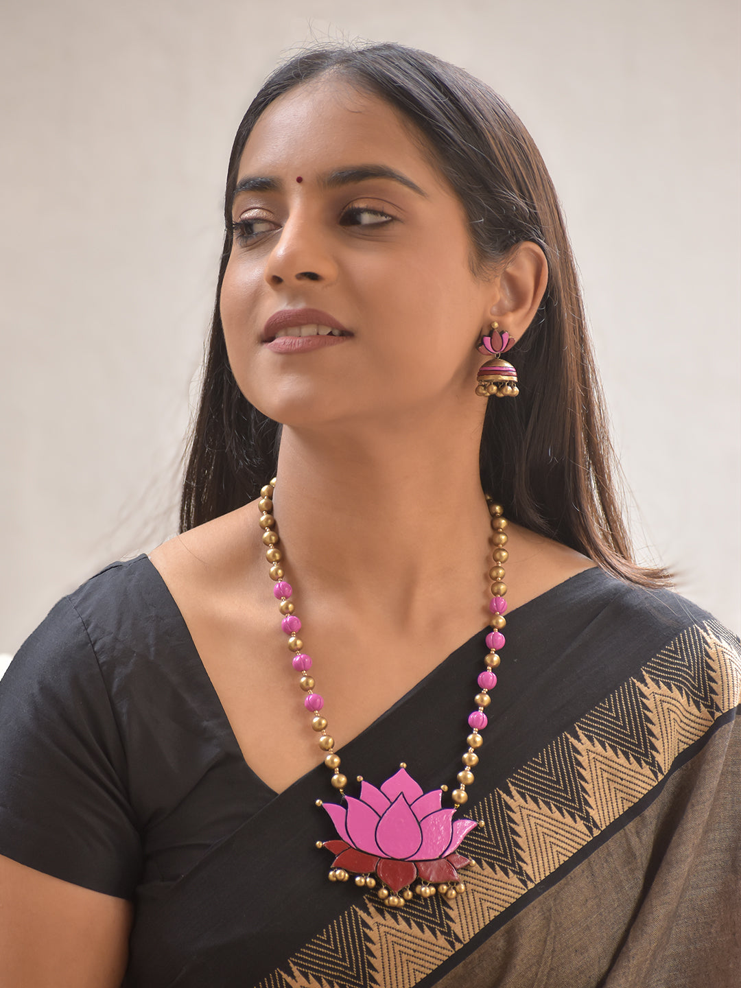 Terracotta Pink Lotus Pendant Beaded Necklace With Jhumkas