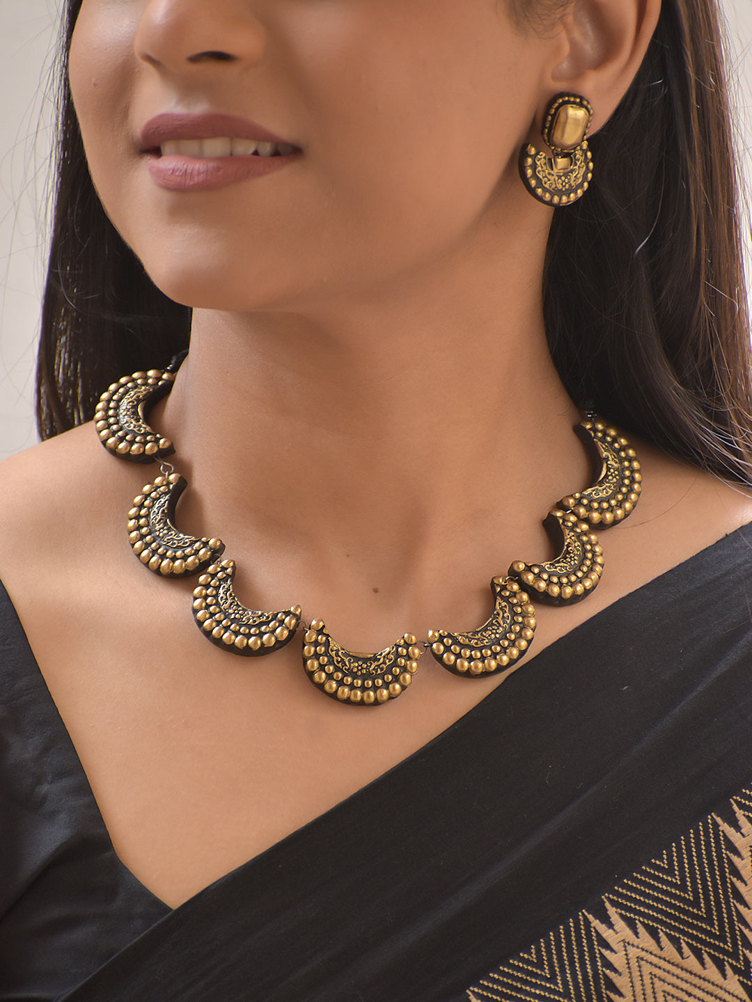 Terracotta Crescent Regal Necklace Set With Jhumkas