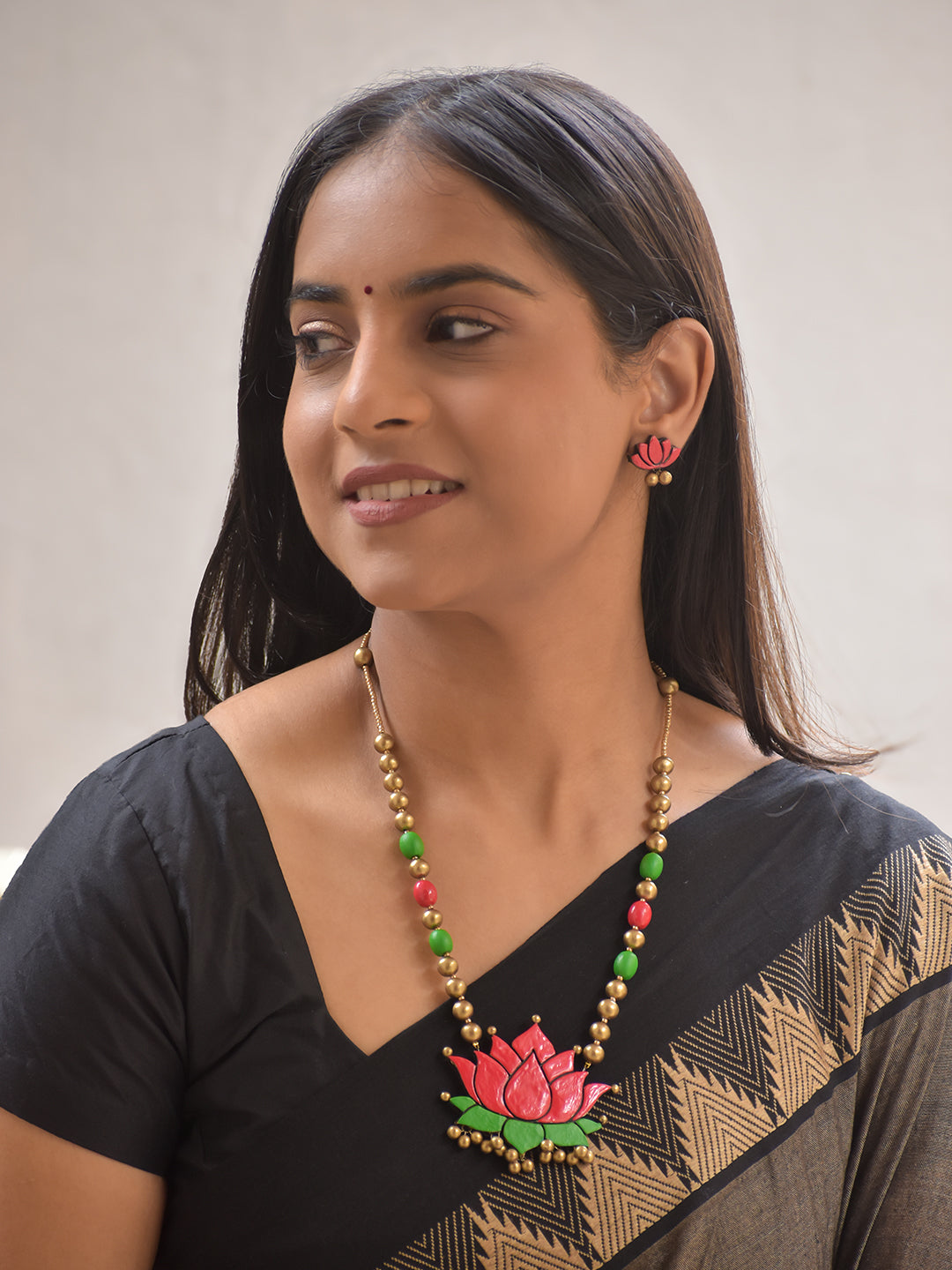 Terracotta Red & Green Lotus Pendant Beaded Necklace With Studs