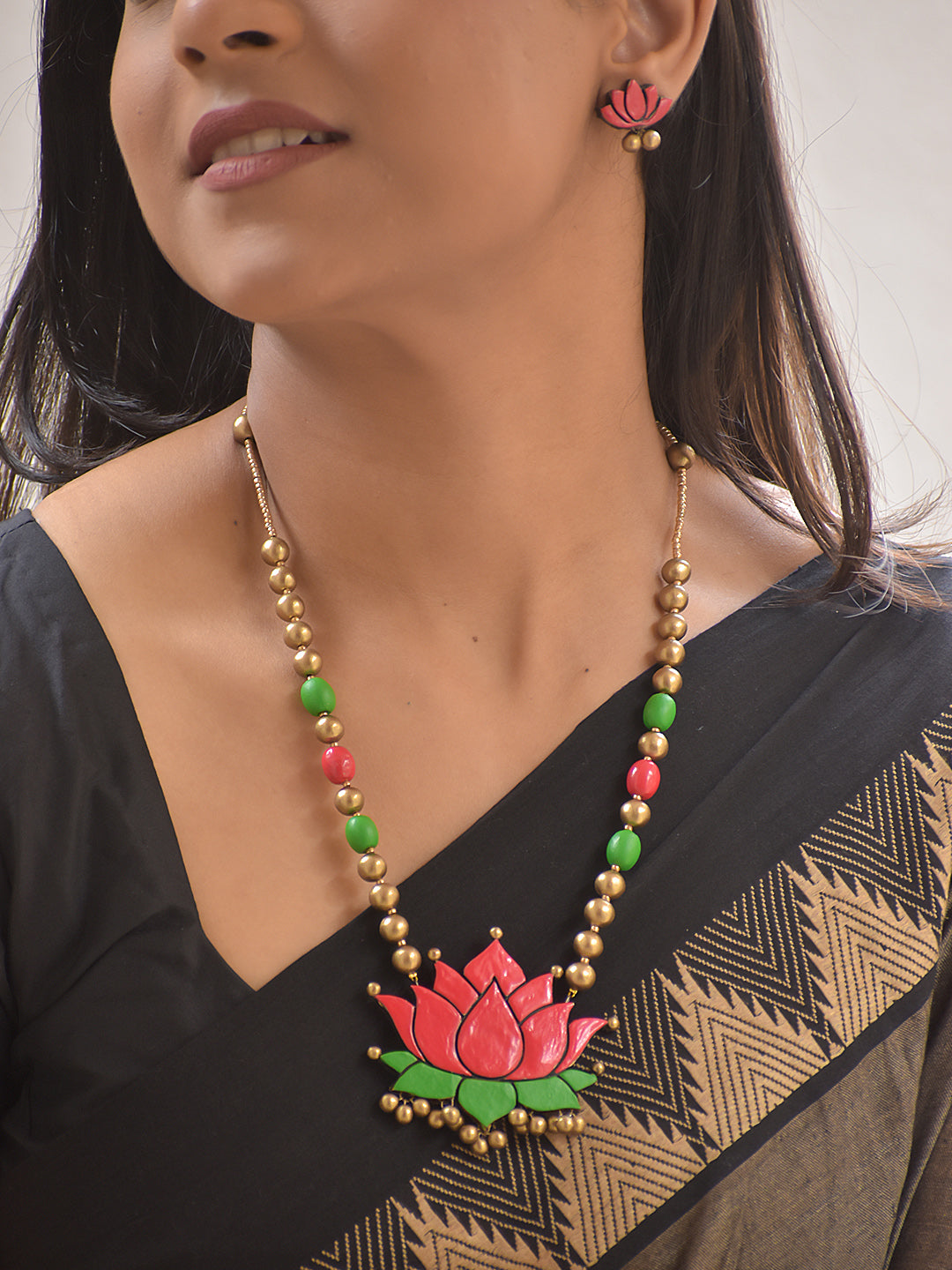 Terracotta Red & Green Lotus Pendant Beaded Necklace With Studs