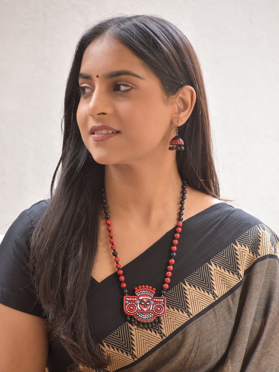 Terracotta Kathakali Face Beaded Statement Necklace With Hanging Studs