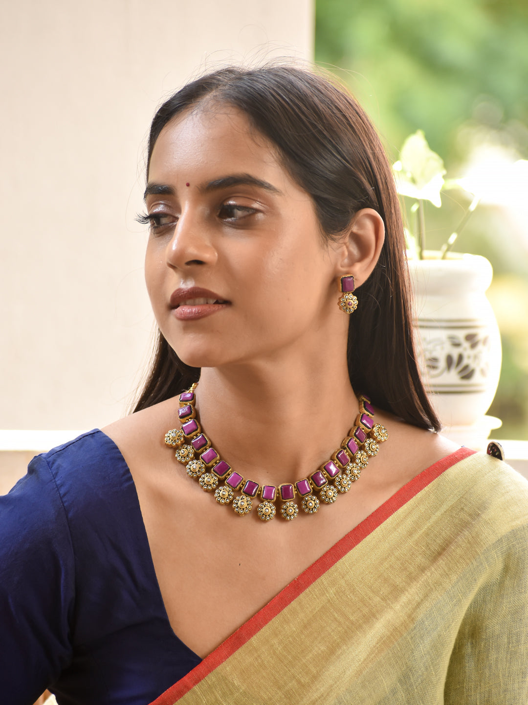 Magenta Antique Gold Handmade Terracotta Choker Necklace Set
