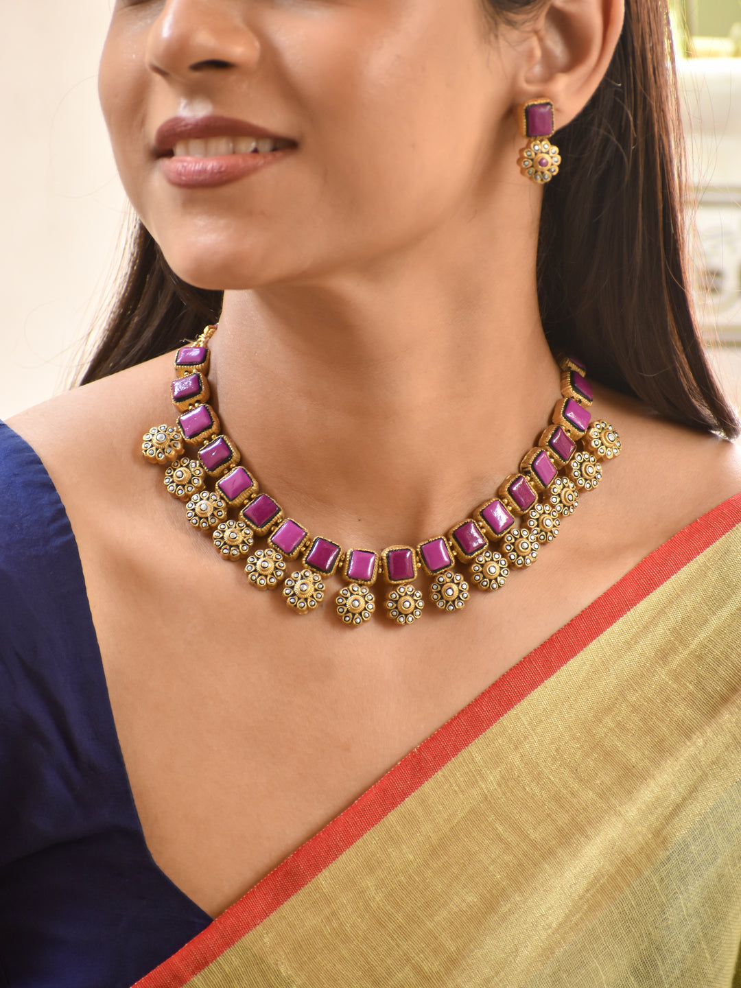 Magenta Antique Gold Handmade Terracotta Choker Necklace Set