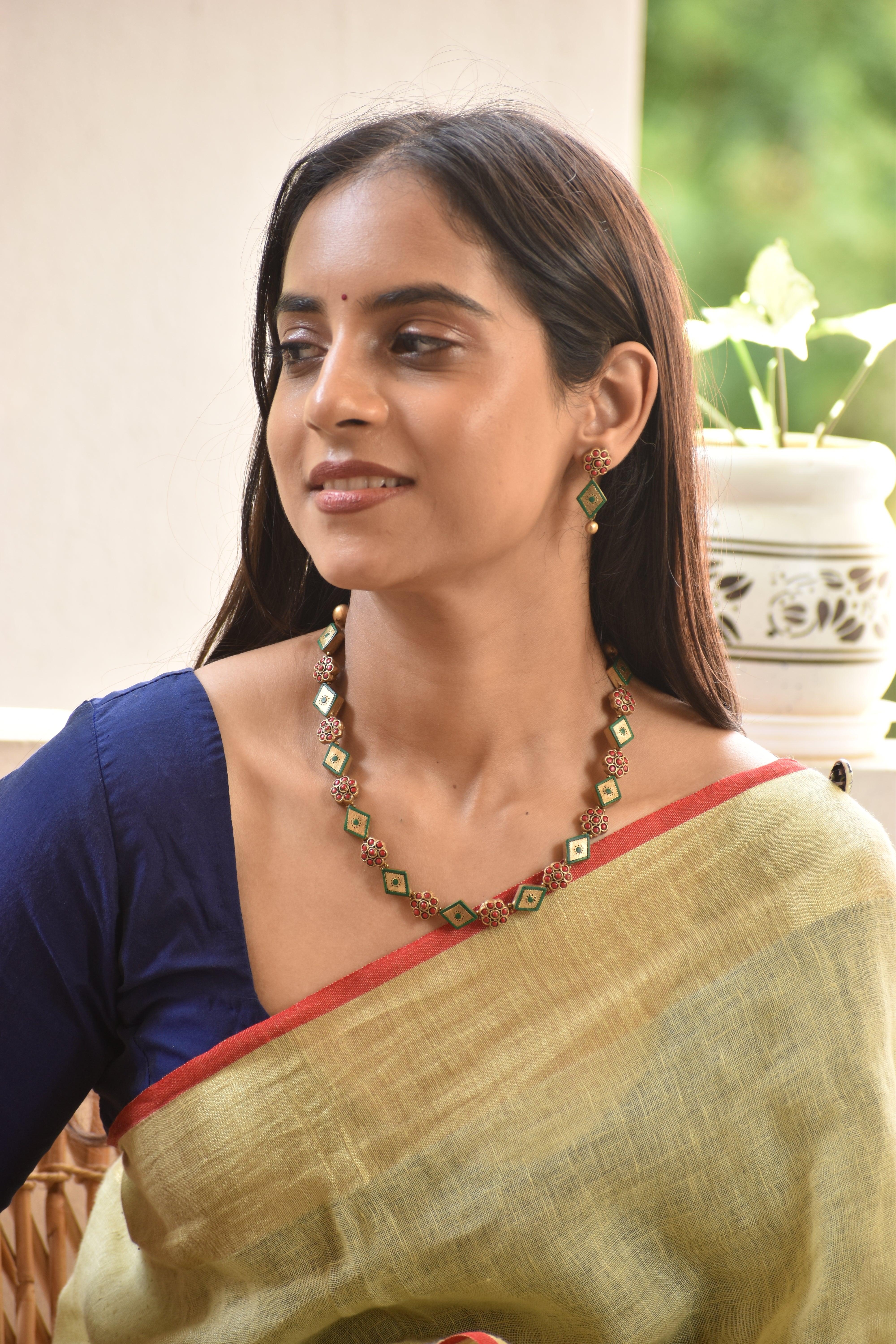 Emerald & Ruby Geometric Handmade Terracotta Necklace Set