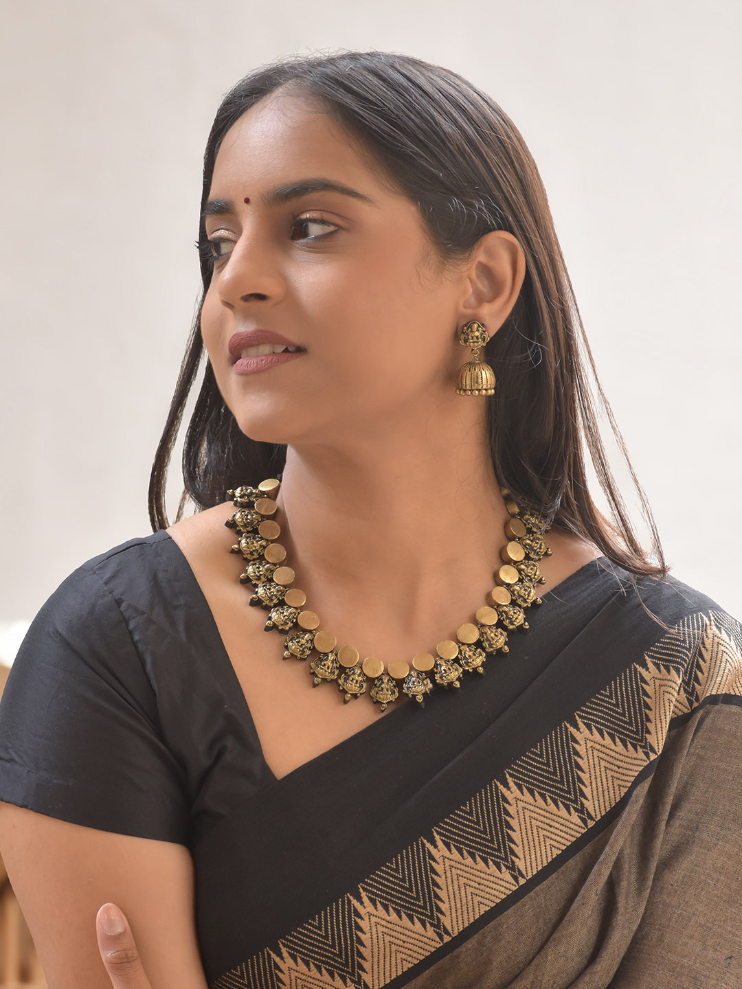 Handmade Terracotta Lakshmi Coin Temple Necklace Set with Antique Jhumkas