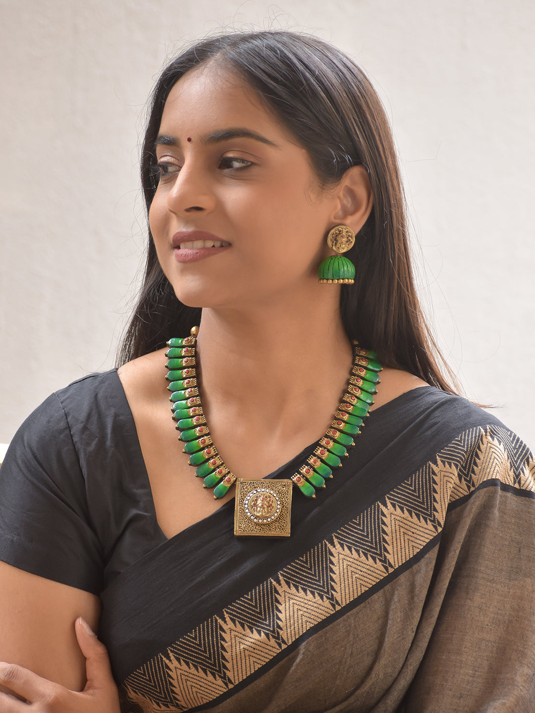Manimekha – Terracotta Green-Gold Temple Necklace Set with Square Lakshmi Pendant and Jhumka Earrings