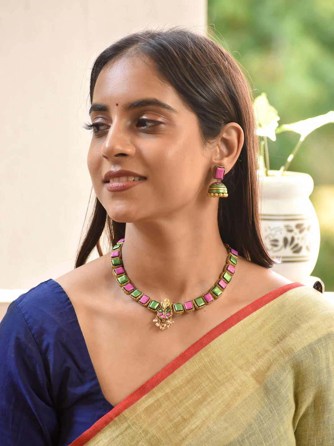 Pink and Green Handmade Terracotta Choker Necklace Set
