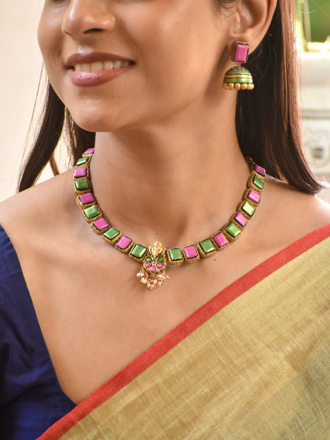Pink and Green Handmade Terracotta Choker Necklace Set