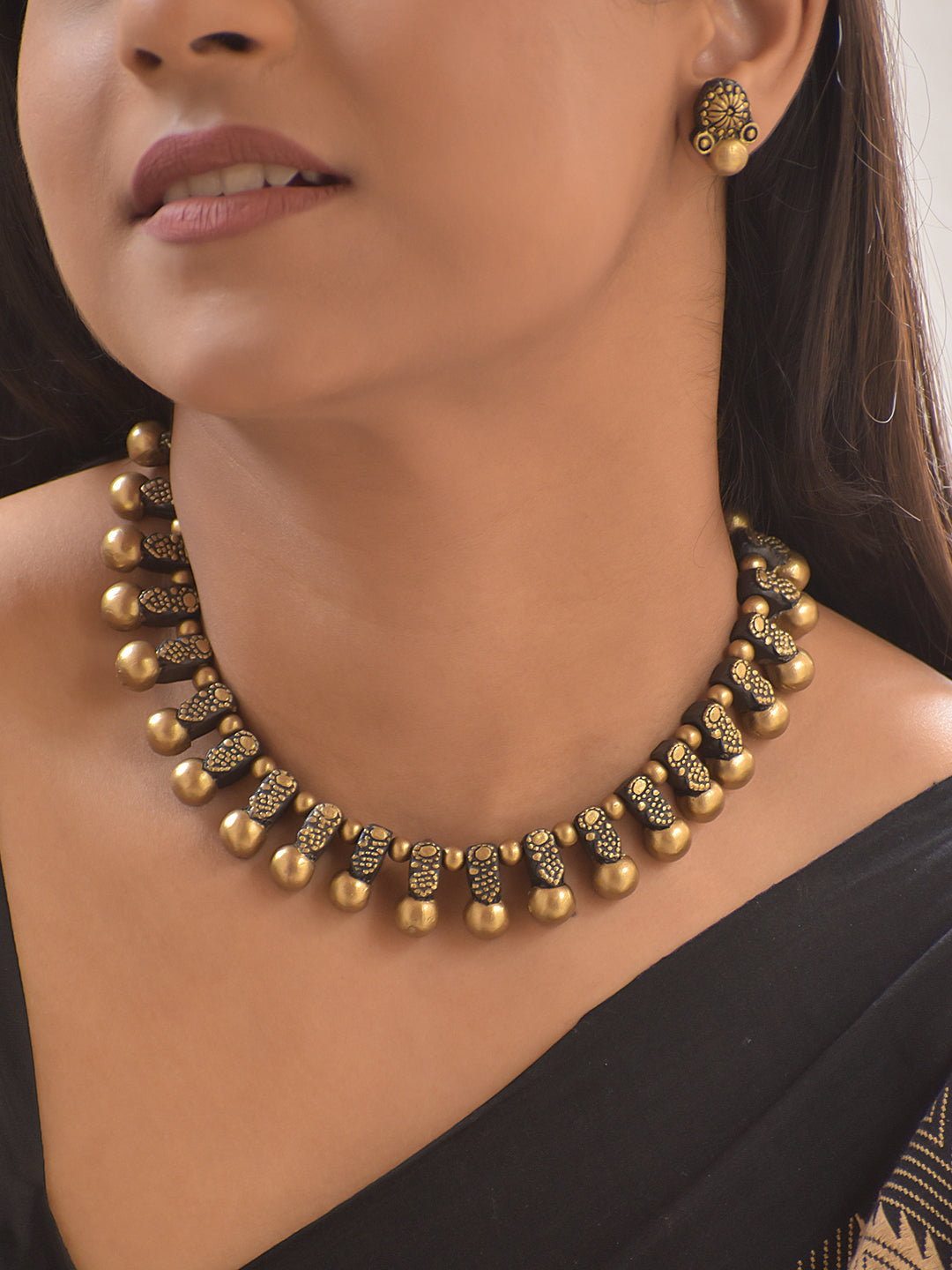 Terracotta Gold-Tone Beaded Choker Necklace With Studs