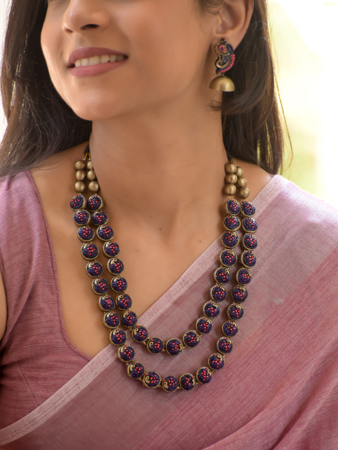 Navy Blue, Pink & Antique Gold Double Layer Necklace Set