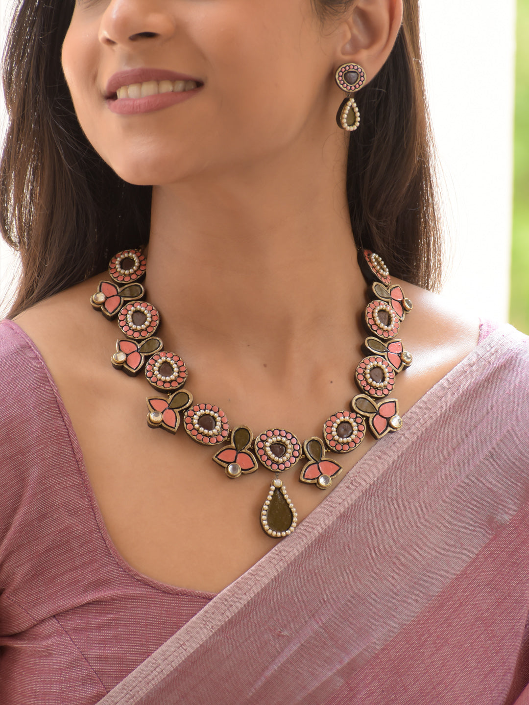 Peach, Olive Green & Pearl Floral Necklace Set