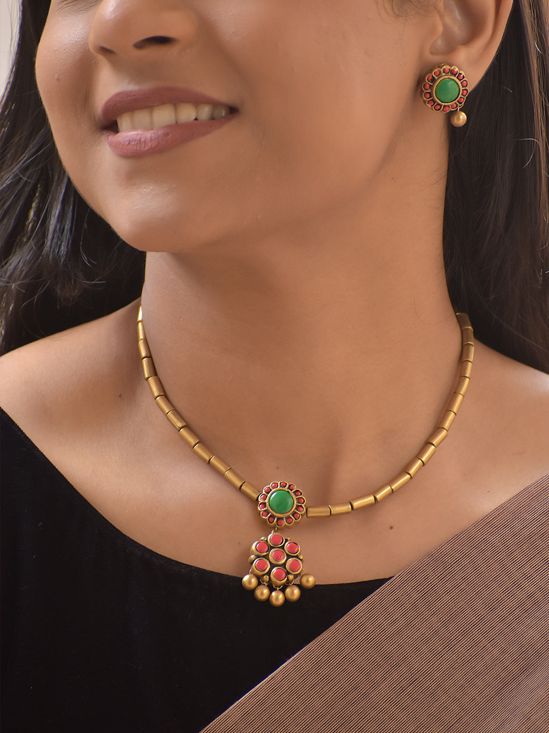 Rangtara – Handmade Terracotta Beaded Necklace Set with Green Centerpiece, Pink Stud Motifs & Antique Gold Drops