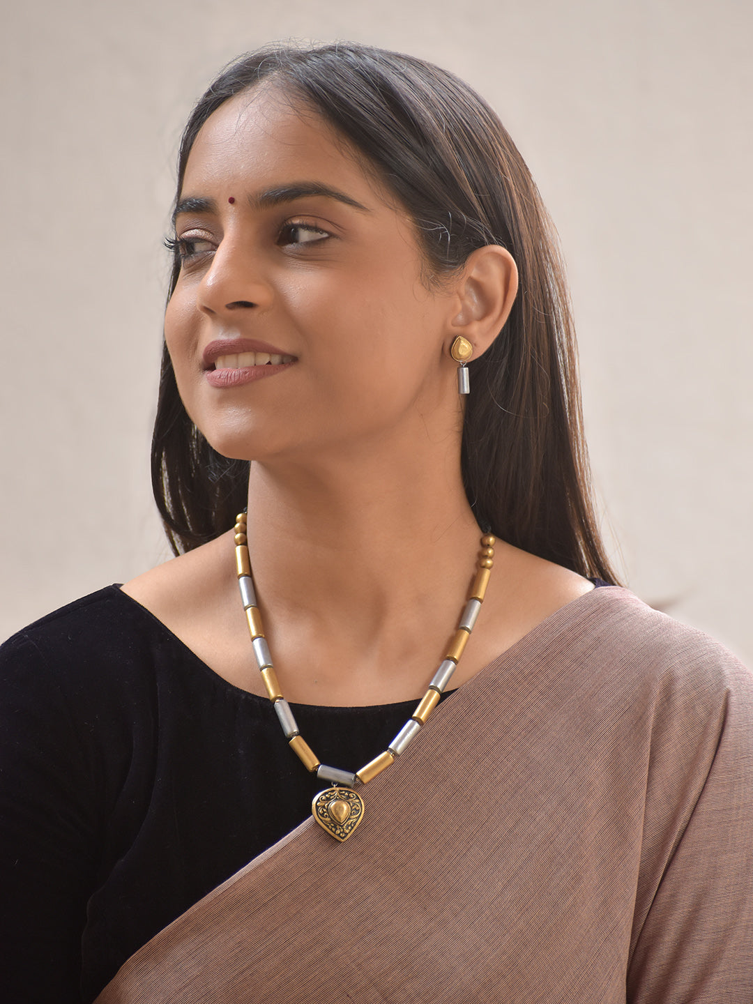 Terracotta Dual-Tone Heart Pendant Necklace Set With Studs