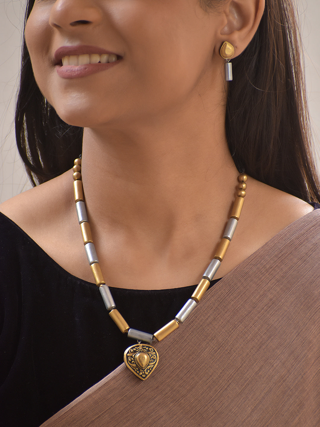 Terracotta Dual-Tone Heart Pendant Necklace Set With Studs