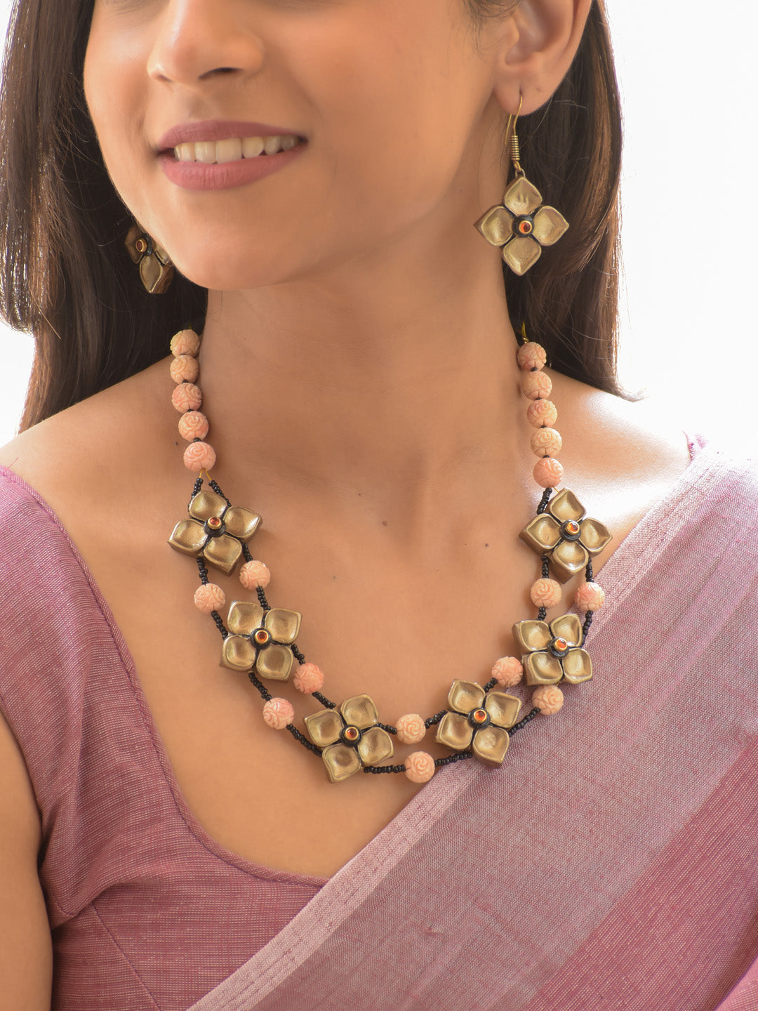 Peach, Antique Gold & Black Floral Necklace Set