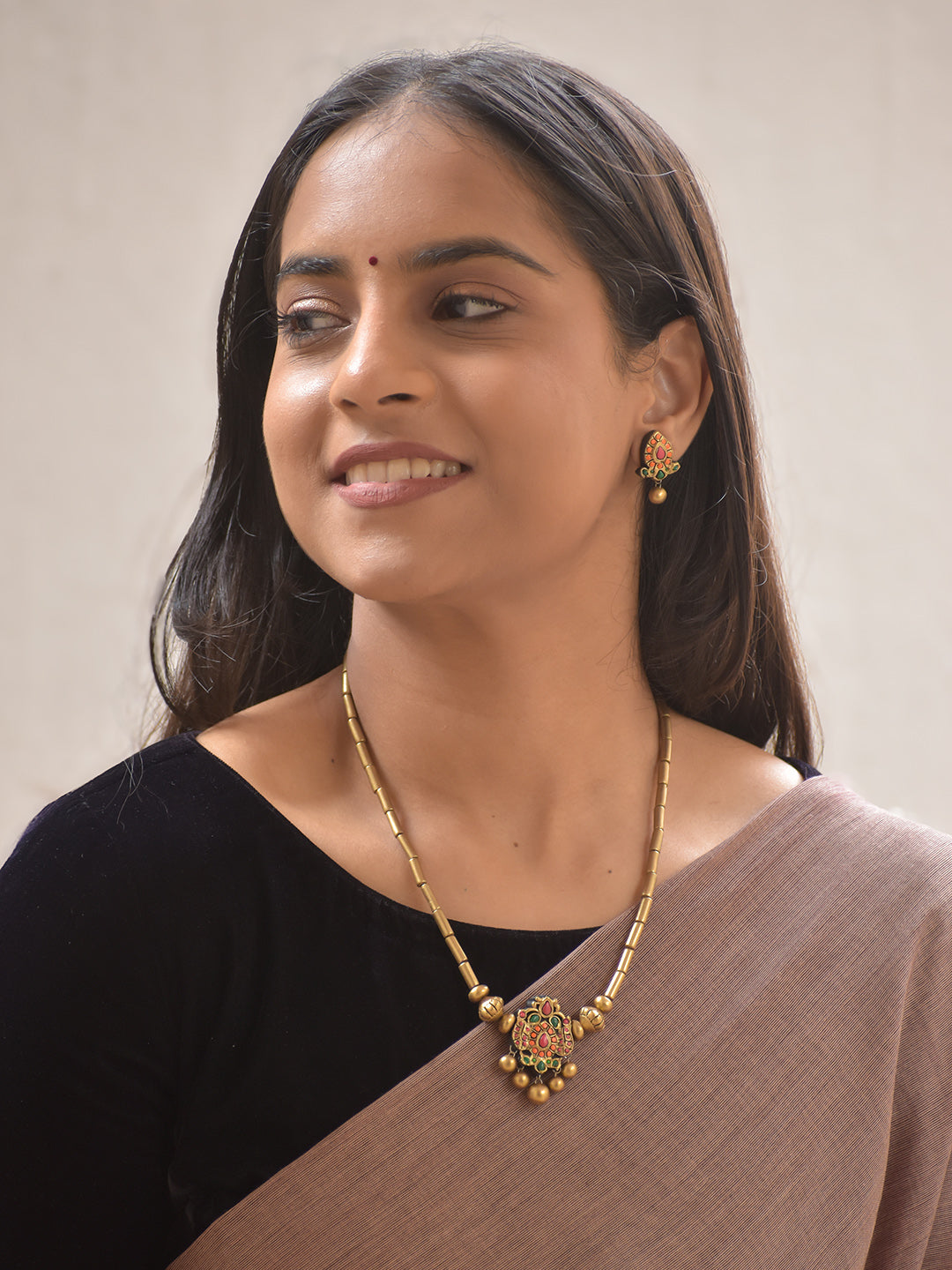 Terracotta Bloom Charm Necklace Set With Jhumkas