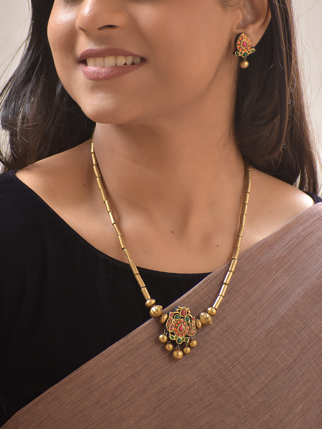 Terracotta Bloom Charm Necklace Set With Jhumkas