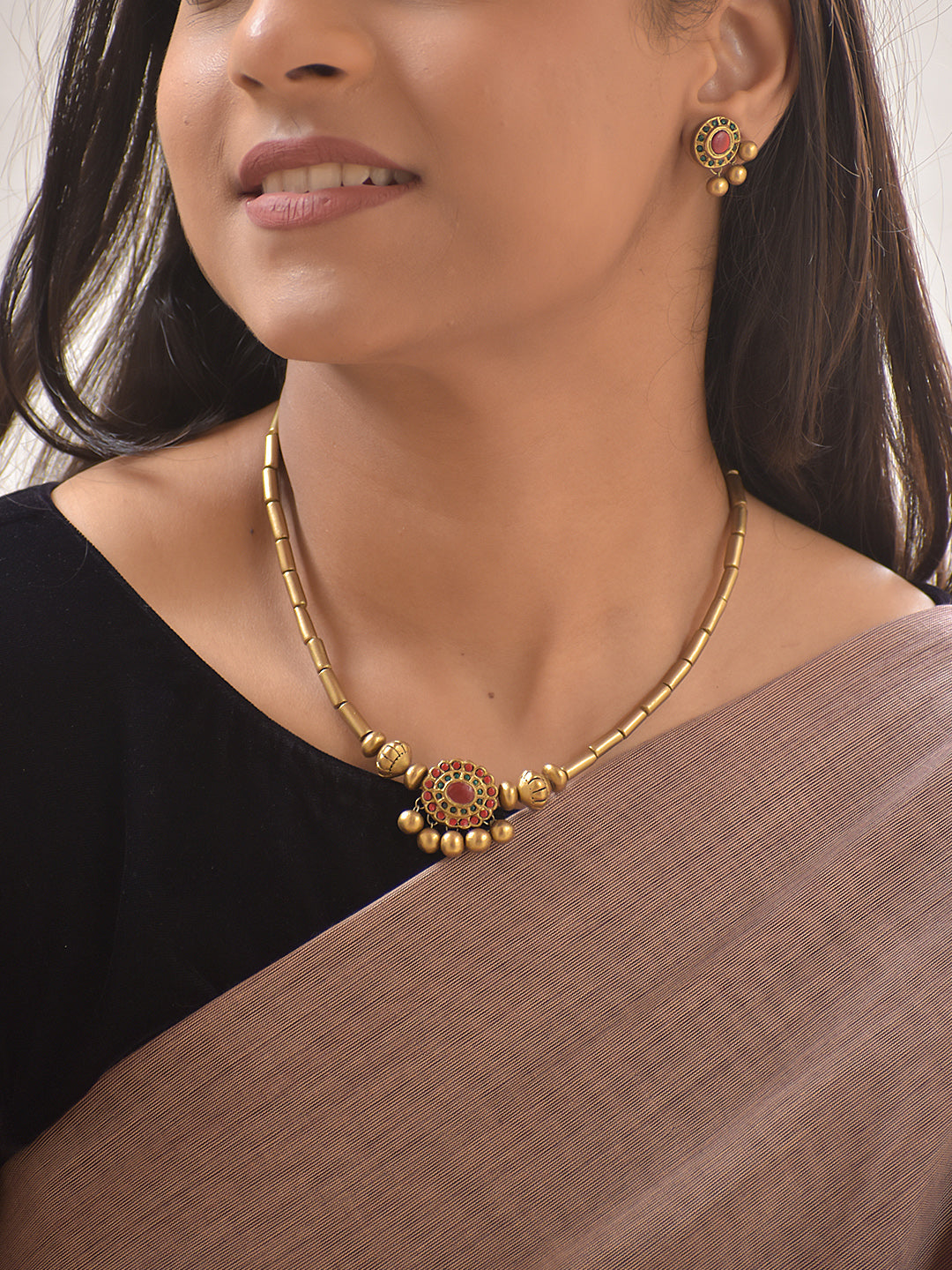 Terracotta Gold-Toned Round Motif Necklace Set with Red Accents