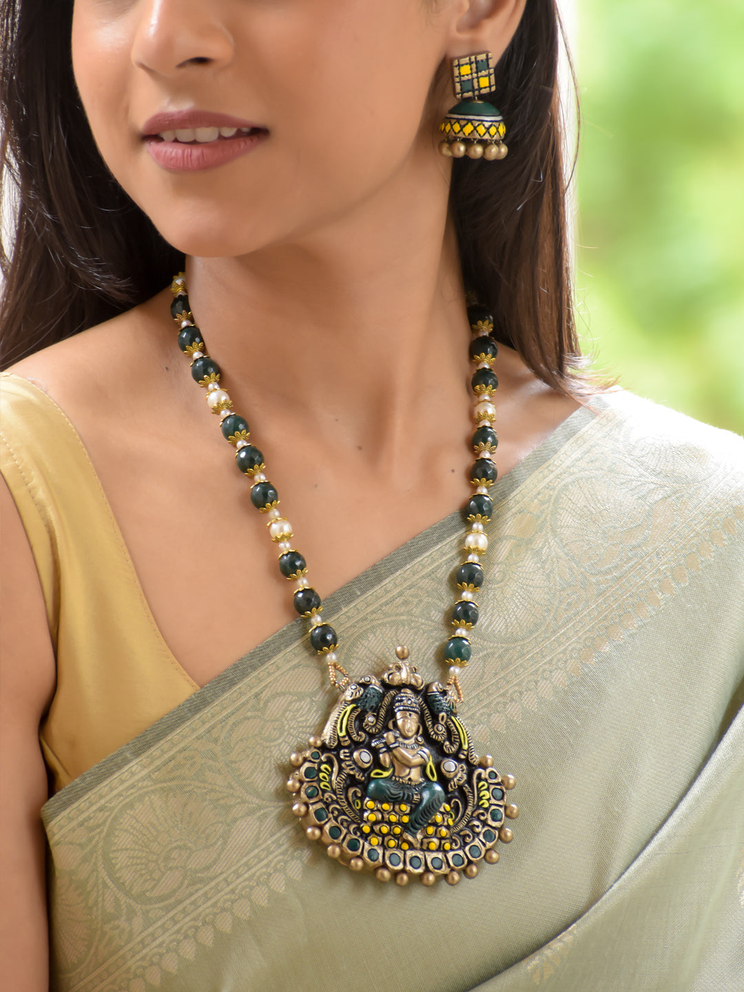 Black, Green, Yellow & Pearl Lakshmi Temple Necklace Set