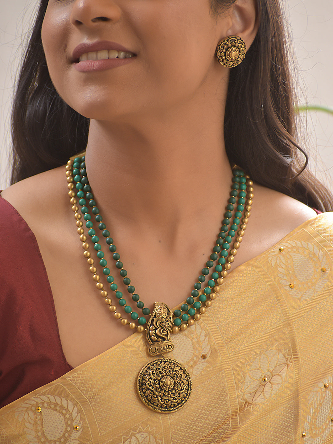 Mandala Bloom Terracotta Necklace Set With Studs