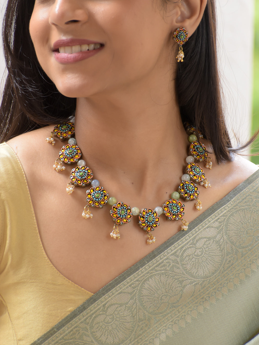 Orange, Green, Blue & Pearl Floral Necklace Set