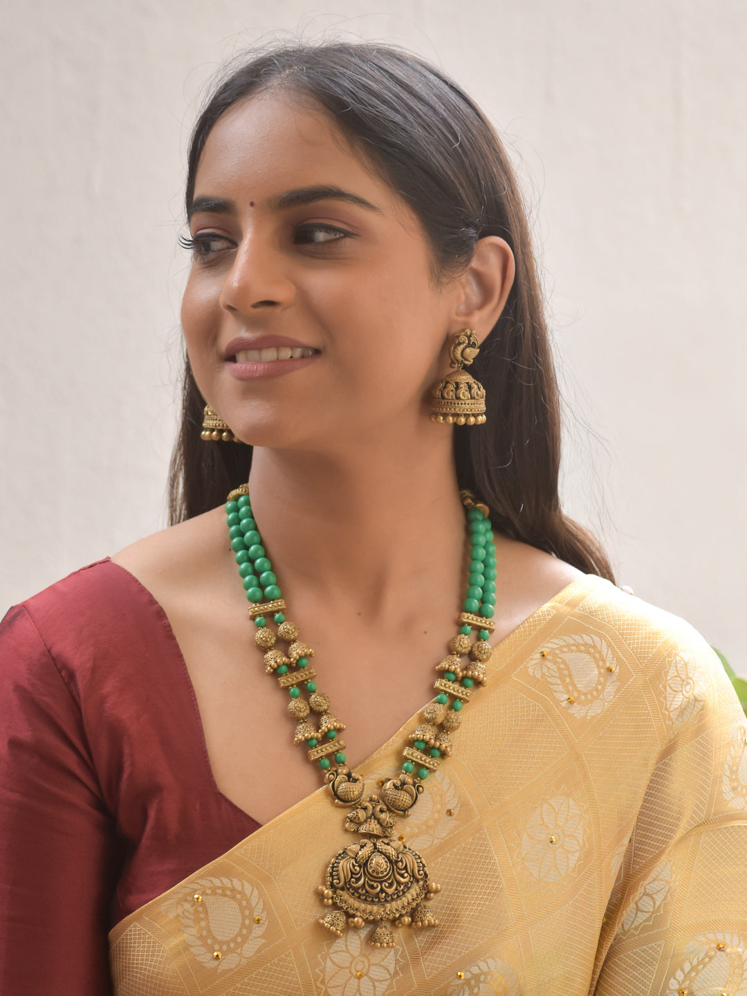Mayuri Lotus Peacock Terracotta Necklace Set With Jhumkas