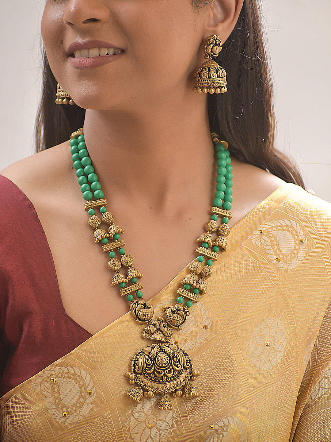 Mayuri Lotus Peacock Terracotta Necklace Set With Jhumkas