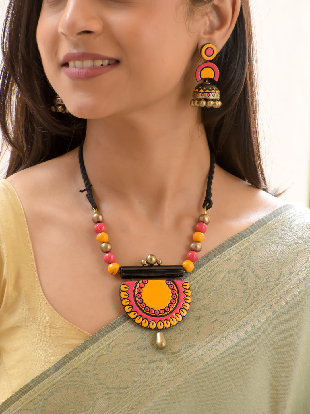 Orange, Pink, Black & Antique Gold Statement Pendant Necklace Set
