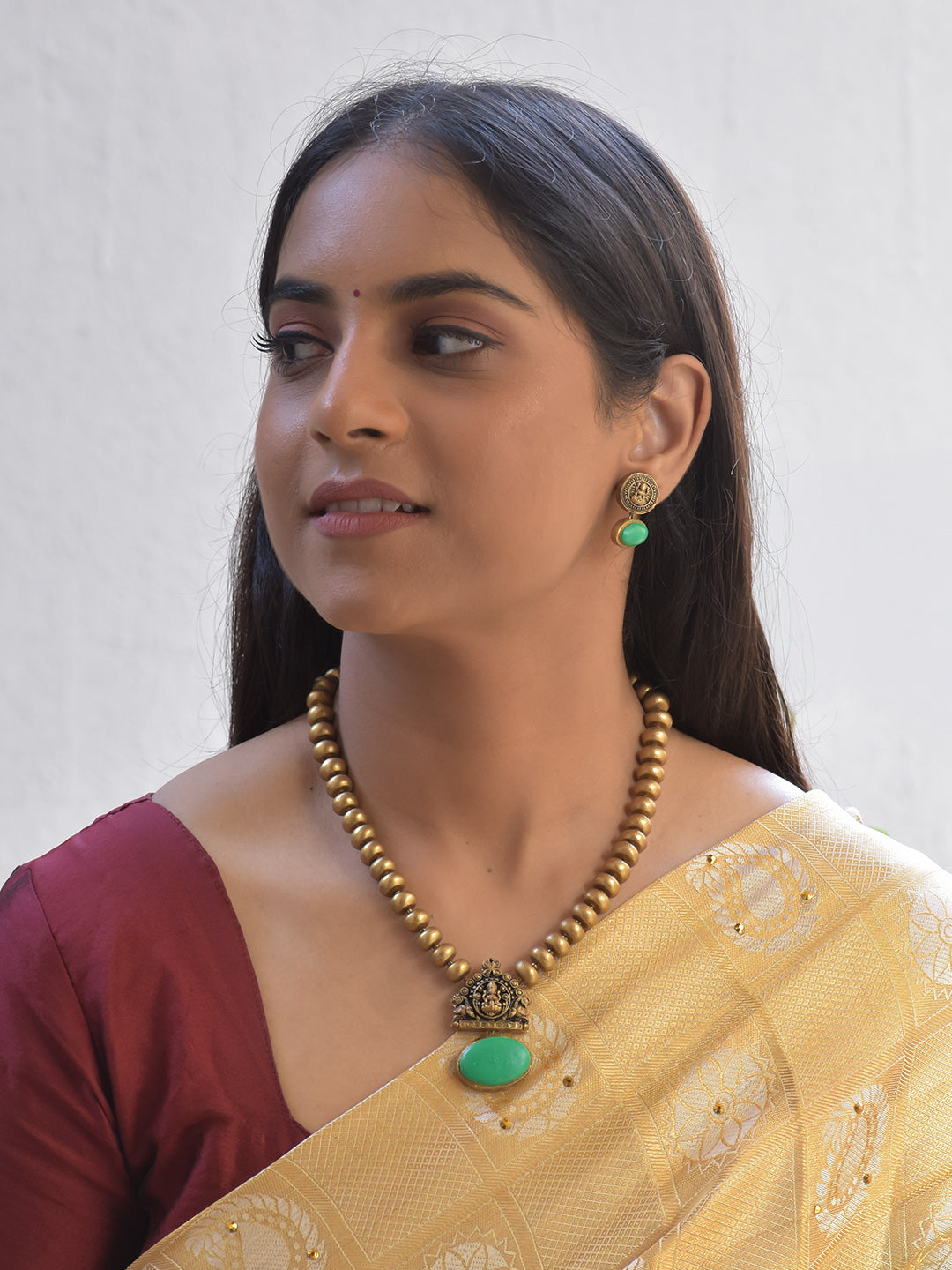 Torquoise Aura Terracotta Lakshmi Necklace Set With Jhumkas