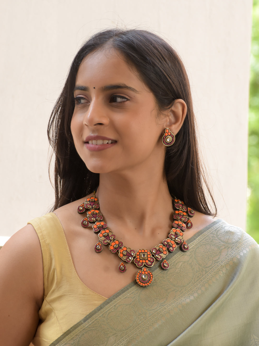Orange, Pink & Antique Gold Floral Necklace Set