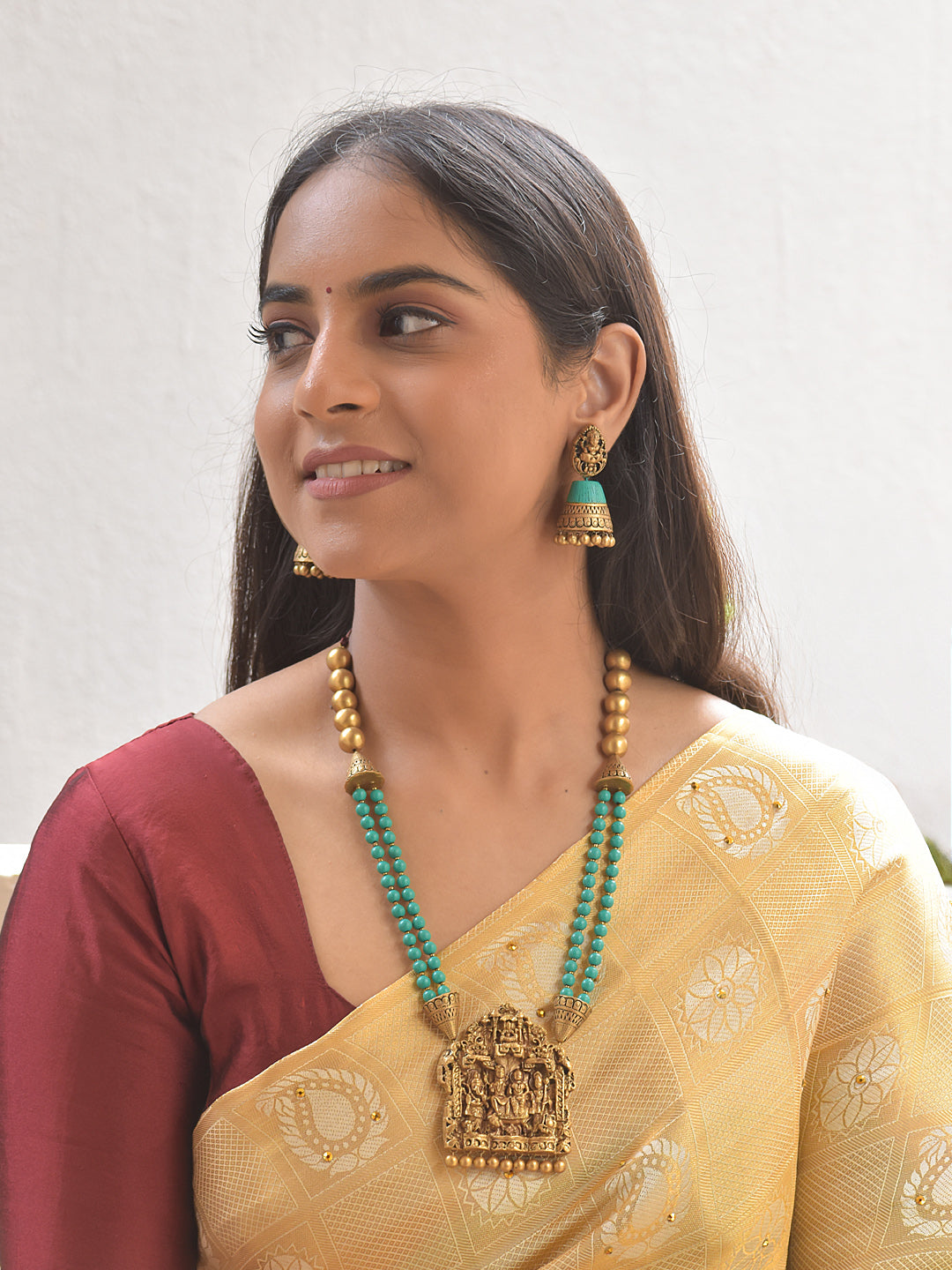 Shiva Parvathi Ganesha Subramanya Pendant Terracotta Heritage Necklace Set With Jhumkas