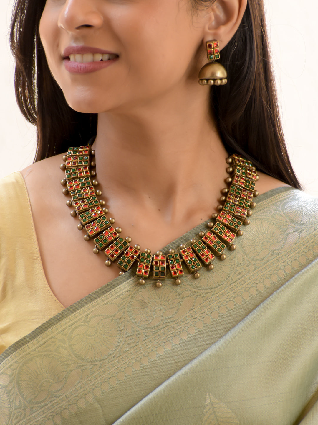 Green, Red & Antique Gold Geometric Choker Necklace Set